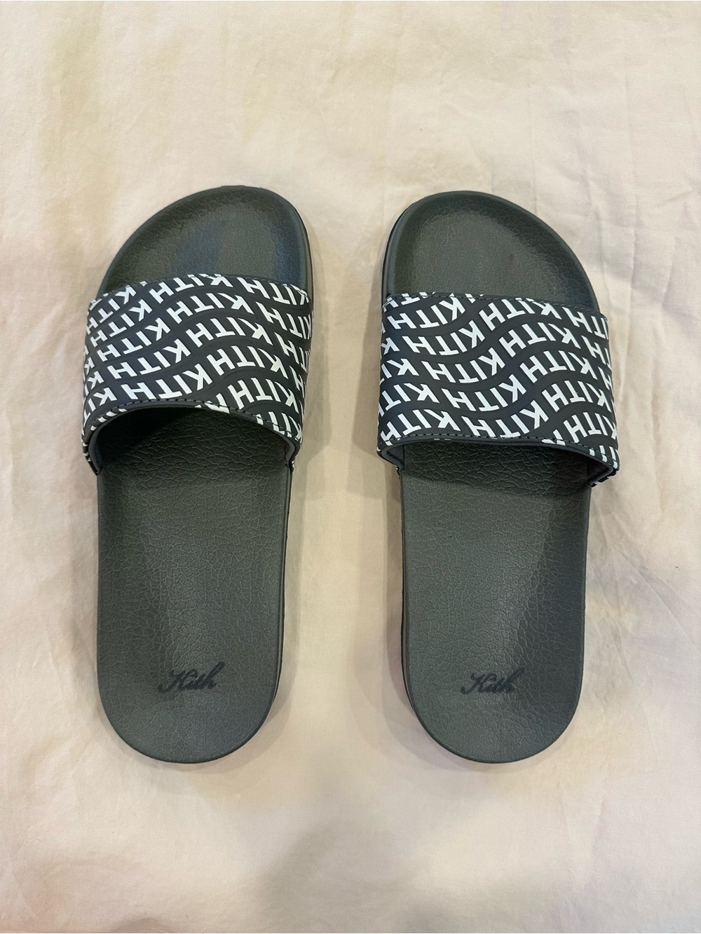 Kith Black and White Repeating Logo Slide Sandals
